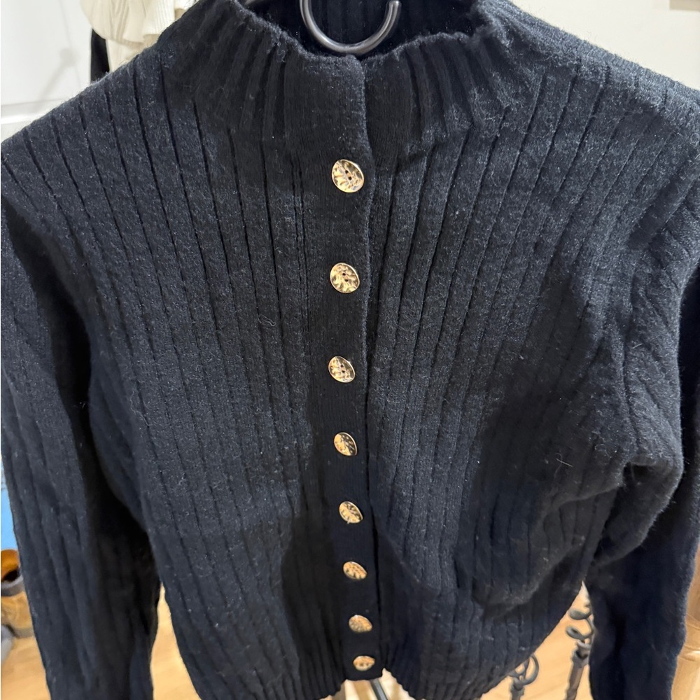 Black Ribbed Button-Up Sweater